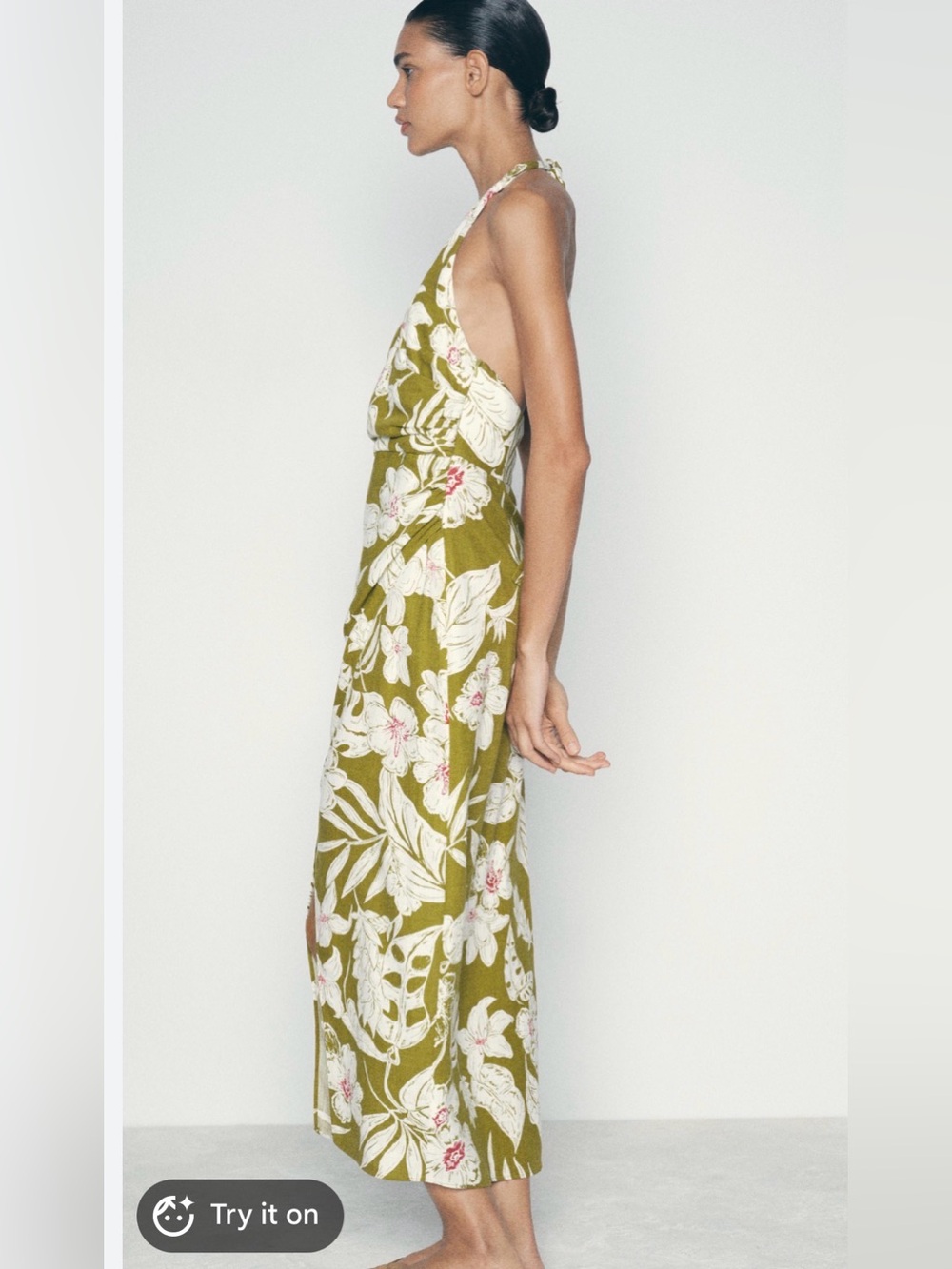 ZARA Tropical Floral Halter Midi Dress – Olive & Cream: XS - Picture 2 of 16